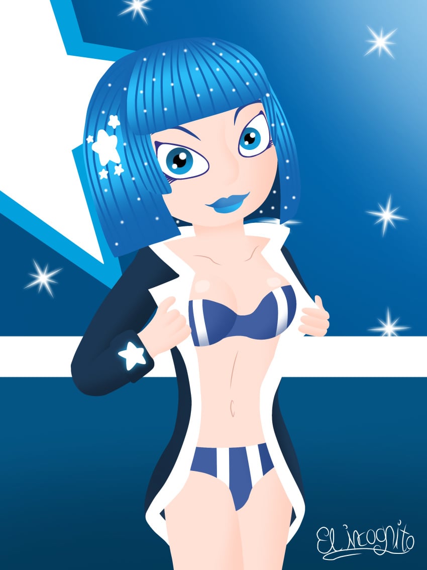 1girls bikini blue_background blue_bikini blue_coat blue_eyes blue_hair blue_lips coat disney disney_channel el_incognito_(artist) short_hair star_darlings vega_(star_darlings)