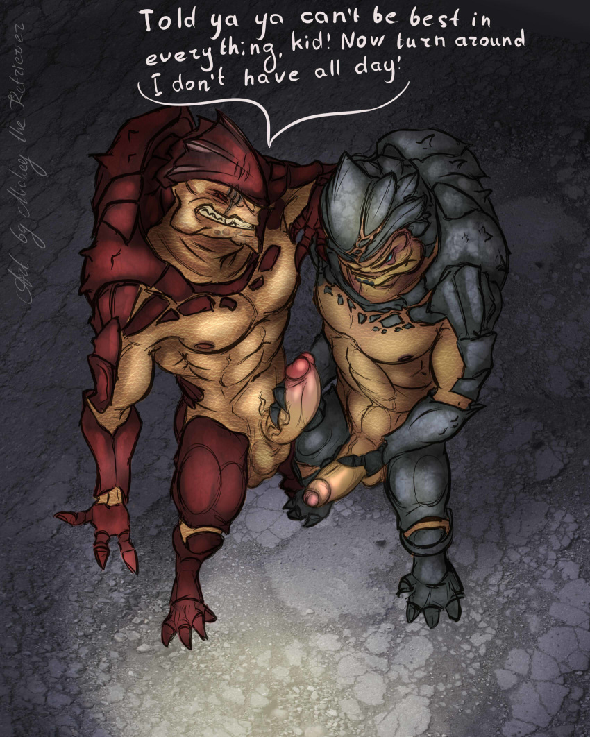 2014 4_balls abs alien anthro athletic balls barefoot biceps big_penis blue_eyes blue_skin brown_skin claws comparing comparing_penis dialogue digitigrade duo english_text erection fangs furry gay glans grin hi_res high-angle_view holding_penis humanoid_penis krogan male male_only mass_effect mickey_the_retriever multi_balls multi_genitalia muscular muscular_male nipples nude pecs penis penis_envy red_eyes red_skin retracted_foreskin scales scalie slit_pupils smile teeth text toe_claws uncut urdnot_grunt urdnot_wrex vein video_games