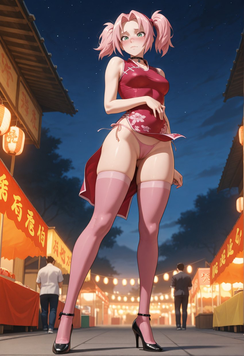 ai_generated belly belly_button big_ass big_breasts blush chinese_clothes chinese_dress clothing curvy curvy_figure festival high_heels naruto naruto_(series) naruto_shippuden outdoors outside panties pink pink_hair posing posing_for_the_viewer red_clothing sakura_haruno seductive seductive_eyes seductive_look seductive_smile thick_thighs twintails wide_hips