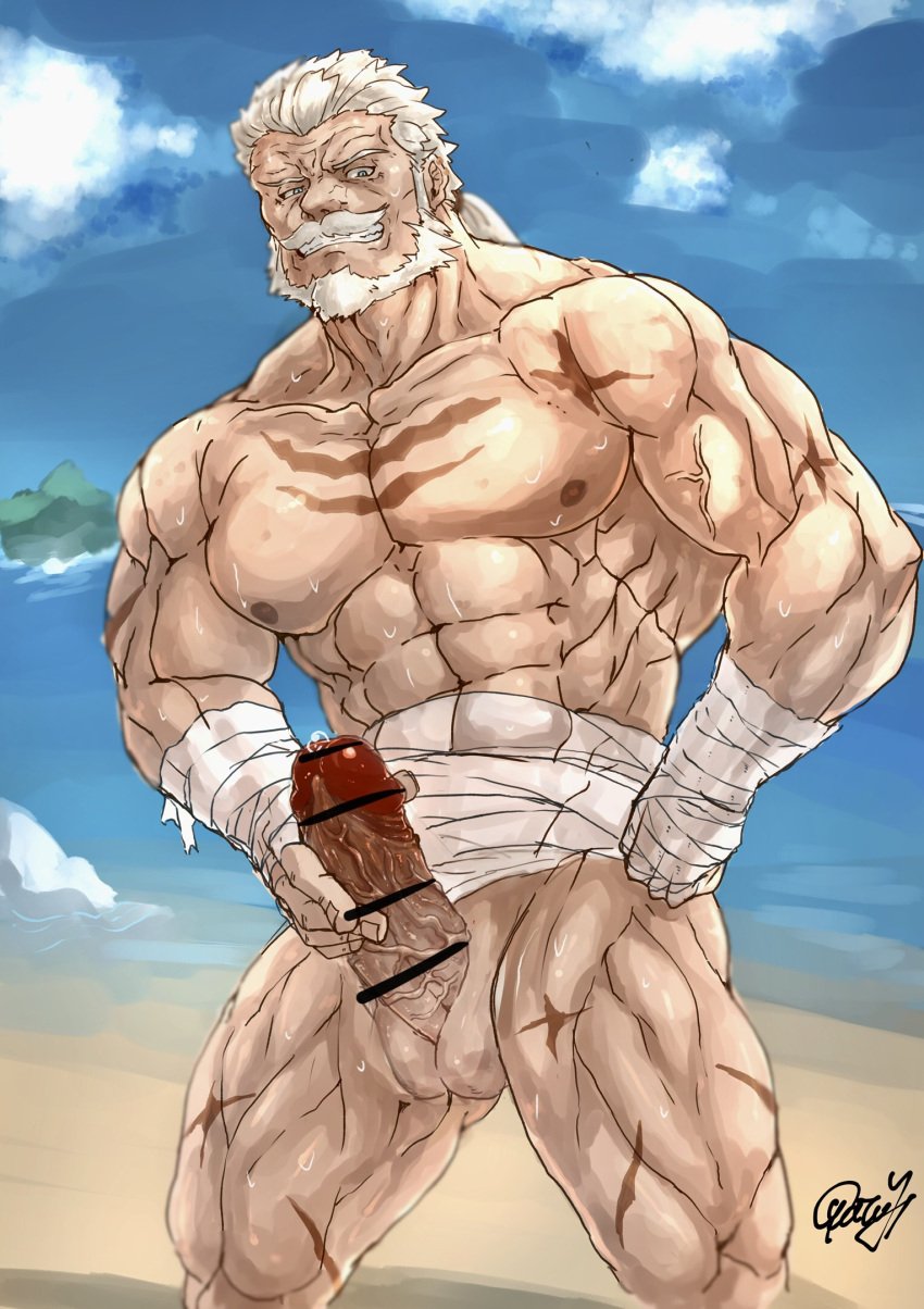 balls bara beard big_penis boner erection facial_hair granblue_fantasy male male_only muscles muscular nude oyatu55k penis solo solo_male soriz sweat sweating