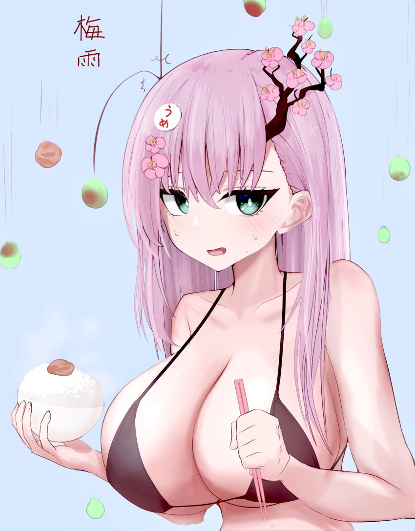 1girls bangs big_breasts bikini bikini_top blue_background blush blush branch breasts chopsticks cleavage female female_only flower flower_in_hair green_eyes holding_bowl holding_chopsticks holding_object huge_breasts large_breasts long_hair metae original original_character pink_hair rice simple_background solo sweatdrop upper_body