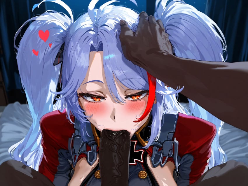 1boy 1girls ai_generated azur_lane dark-skinned_male fellatio female female_focus light-skinned_female looking_pleasured loving_it prinz_eugen_(azur_lane) twintails white_hair yellow_eyes