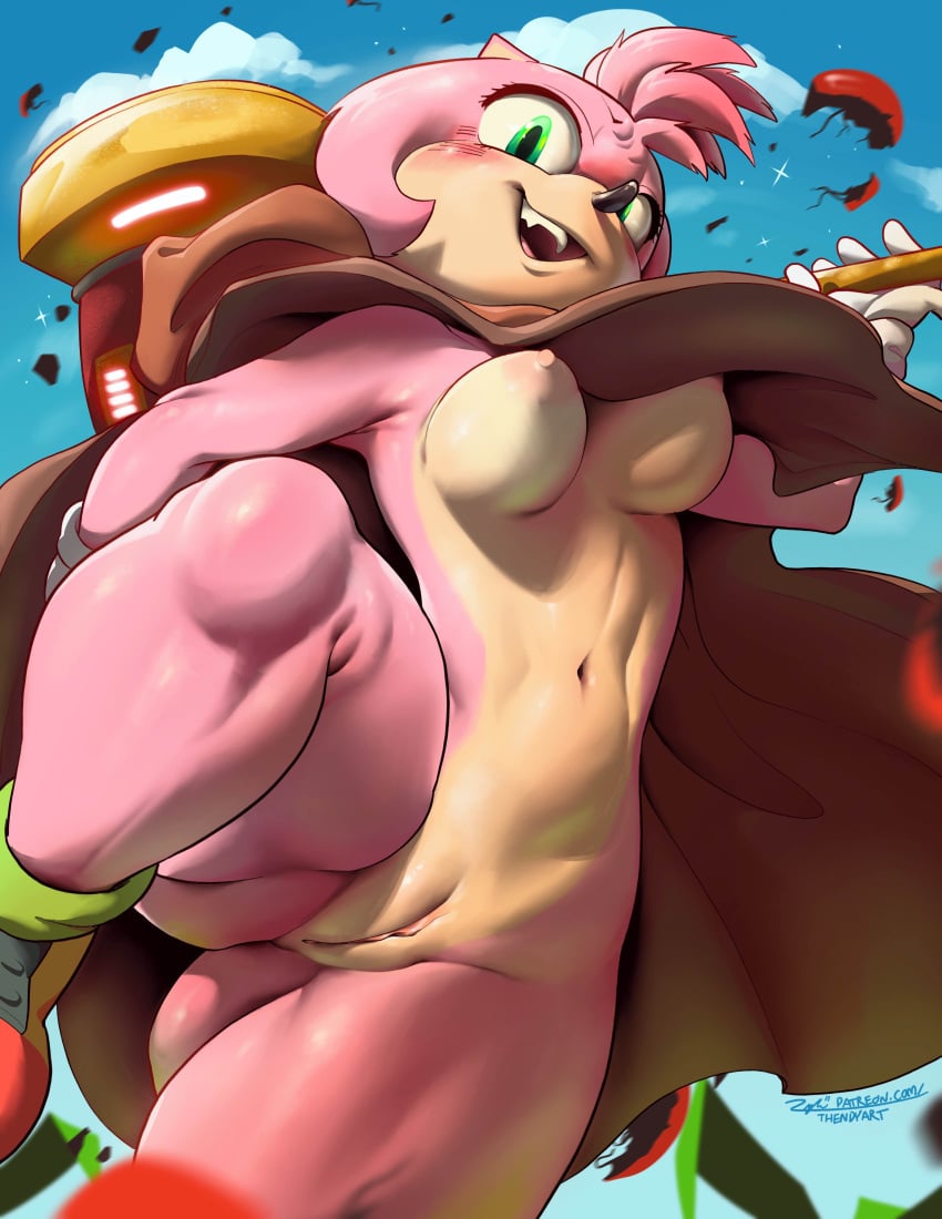 absurd_res amy_rose anus ass big_butt blush blush_lines cloak cloak_only clothing erect_nipples exhibitionism female footwear footwear_only fur genitals gloves hair hammer handwear hi_res mostly_nude navel nipples nude nude_anthro nude_female outdoor_nudity outside pink_body pink_fur pink_hair public public_exposure public_nudity pussy raised_leg sega shoes shoes_only smile smiling_at_another smiling_at_viewer sonic_(series) sonic_the_hedgehog_(film) sonic_the_hedgehog_(series) spread_legs spreading thick_thighs tools wide_hips