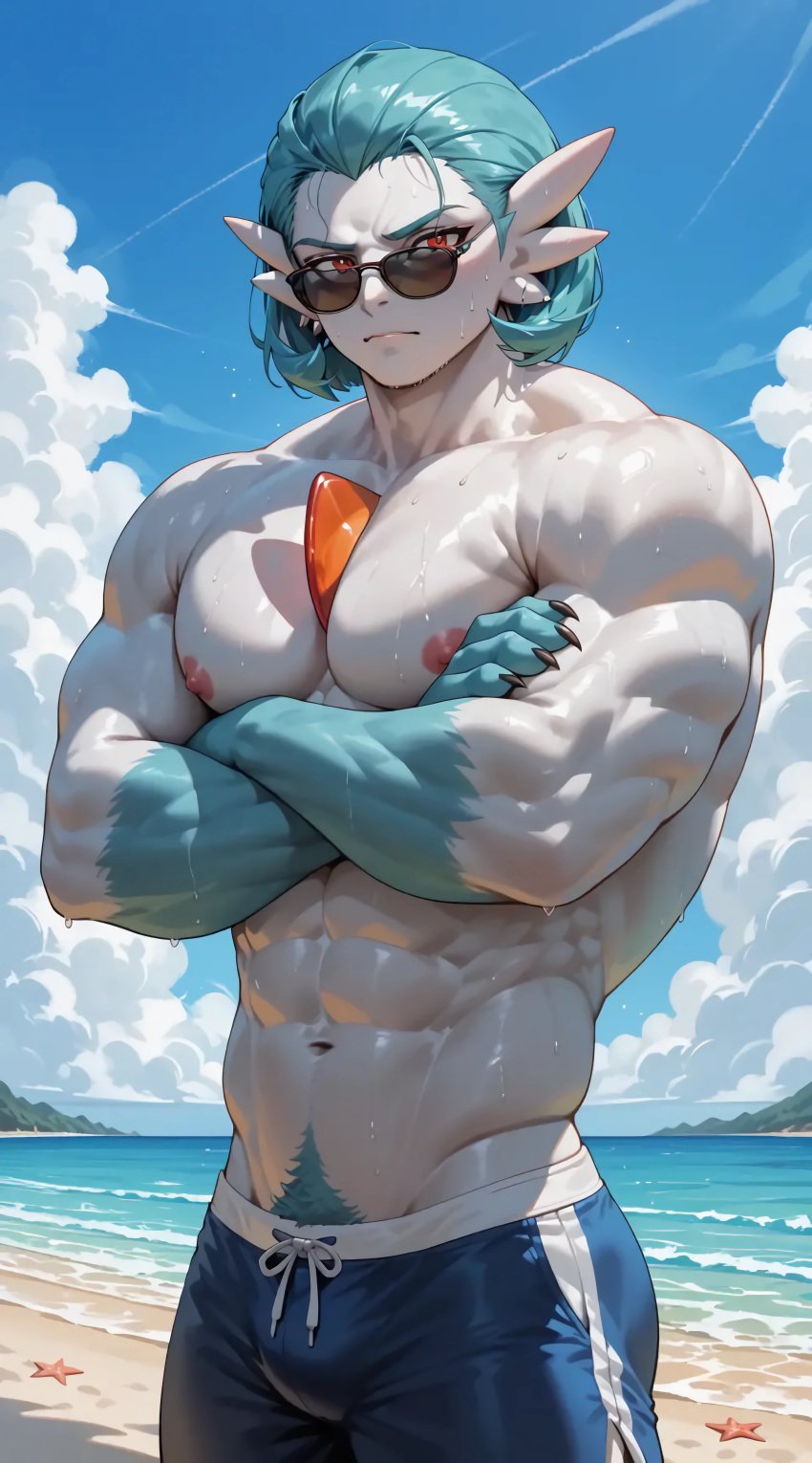 1boy abs ai_generated anthro barefoot beach belly belly_button blue_hair blush crossed_arms day daytime front_view gardevoir generation_3_pokemon hi_res highres looking_at_viewer male male_focus muscles nintendo outdoors outside pokemon pokemon_(species) red_eyes sand serious solo standing sunglasses sweat sweatdrop sweating sweaty synthneon white_body white_skin