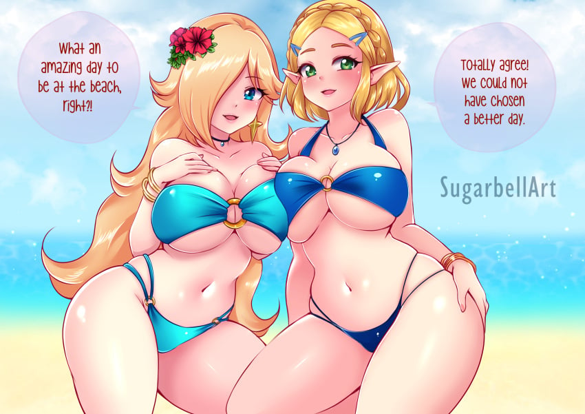 2girls absurd_res alluring beach big_breasts bikini blonde_hair blue_bikini blue_eyes blue_gemstone blush braid breast_press cleavage collarbone commentary_request crossover crown_braid day earrings english_text fingernails flower gem green_eyes hair_flower hair_ornament hair_over_one_eye hand_on_own_chest hand_on_own_hip high_res jewelry long_hair looking_at_viewer mario_(series) medium_hair multiple_girls navel nintendo o-ring o-ring_bikini open_mouth outside pendant pointy_ears princess_rosalina princess_zelda red_flower single_earring stomach sugarbell super_mario_galaxy swimsuit the_legend_of_zelda the_legend_of_zelda:_tears_of_the_kingdom thighs very_long_hair water