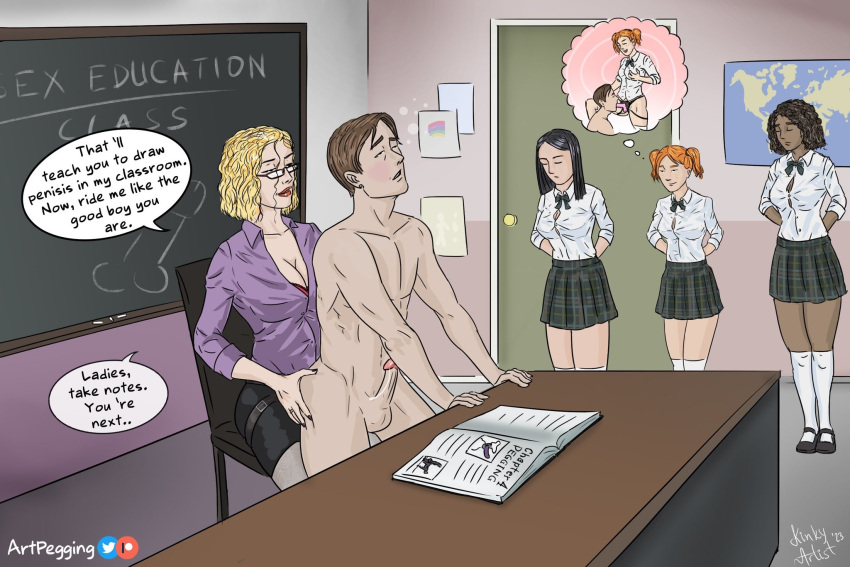 1boy 4girls caught clothed_female_nude_male dreaming erect_while_penetrated female_penetrating_male lesson looking_at_penis looking_pleasured older_woman_and_younger_boy pegging punishment schoolgirl strap-on student teacher voyeur watching_sex