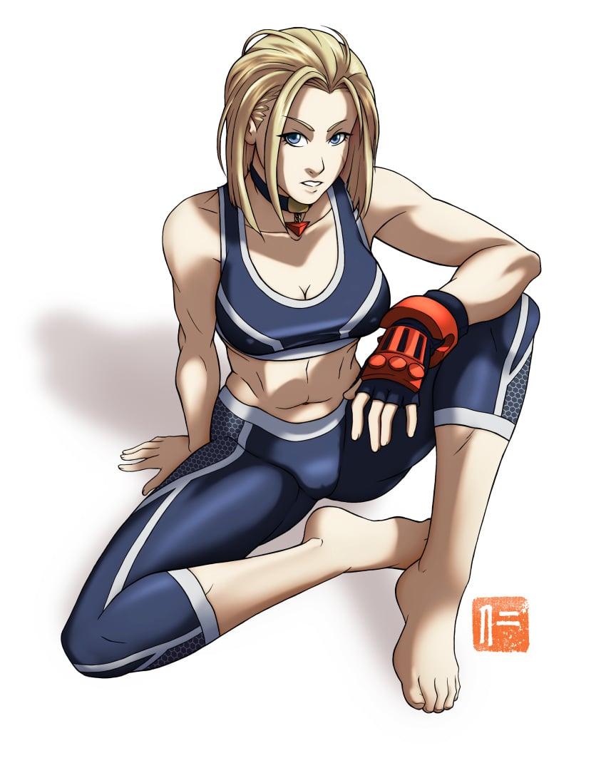 1girls 2d 2d_(artwork) barefoot blank_thumbnail blonde_female blonde_hair blonde_hair_blue_eyes blonde_hair_female blue_eyes cammy_white feet feet female female_only jin_(artist) light-skinned_female light_skin looking_at_viewer shoes_removed short_hair single_fingerless_glove solo solo_female solo_only sports_bra street_fighter street_fighter_v video_game_character video_game_franchise white_background