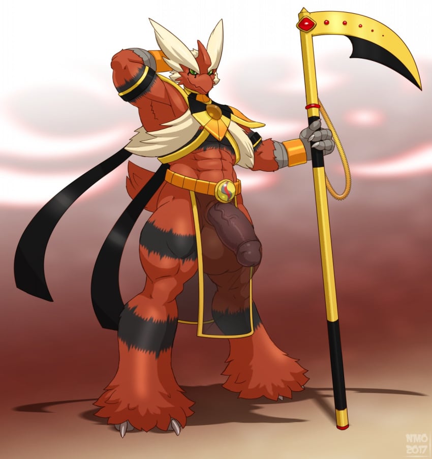 1boy abs ace_(lumar) avian avoid_posting biceps bird blaziken clothing erection holding_object holding_weapon looking_at_viewer male male_mega_blaziken male_only male_pokemon mega_blaziken mega_evolution muscular muscular_male nazuu-m0nster nintendo pecs pokemon pokemon_(species) pose smile solo video_games weapon