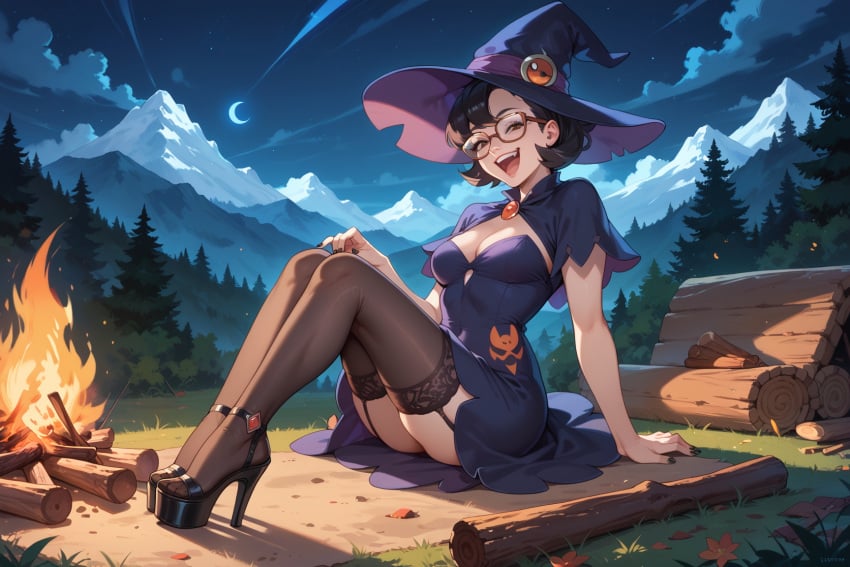 ai_generated female female_only glasses high_heels legs long_legs platform_heels posing stockings tagme witch witch_hat