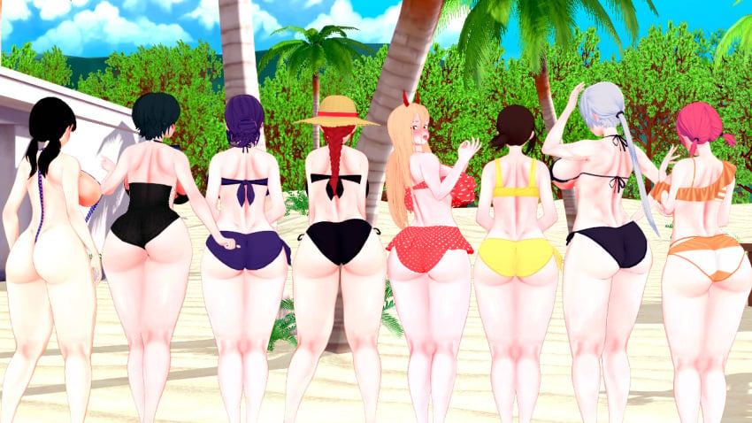 8girls beach big_ass big_breasts bikini chainsaw_man cosmo_(chainsaw_man) higashiyama_kobeni himeno_(chainsaw_man) koikatsu makima_(chainsaw_man) mitaka_asa power_(chainsaw_man) quanxi_(chainsaw_man) reze_(chainsaw_man) yoru_(chainsaw_man)