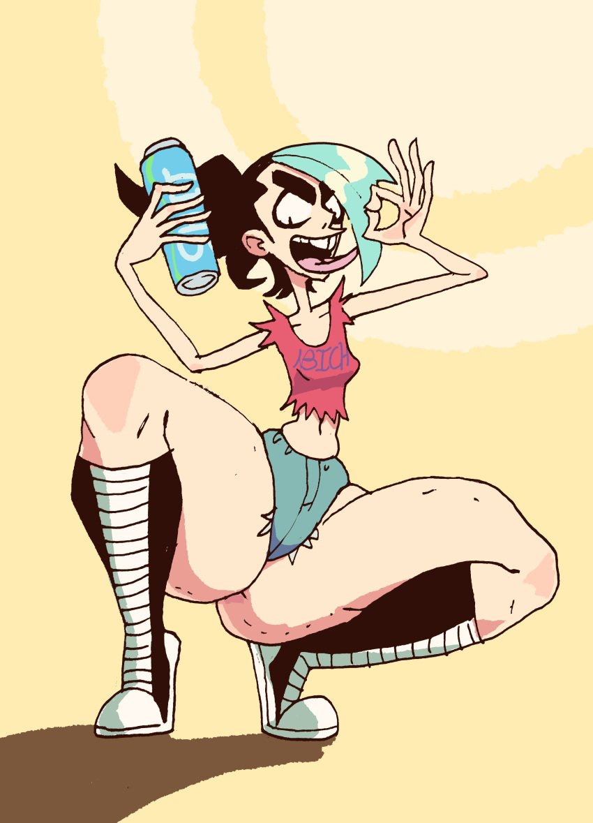 ass blowjob_gesture crop_top drink dyed_hair fat_ass female freckles_on_ass gwen_(putricia) jean_shorts ponytail putricia shirt shoes short_shorts shorts squatting tight_clothing tongue_out