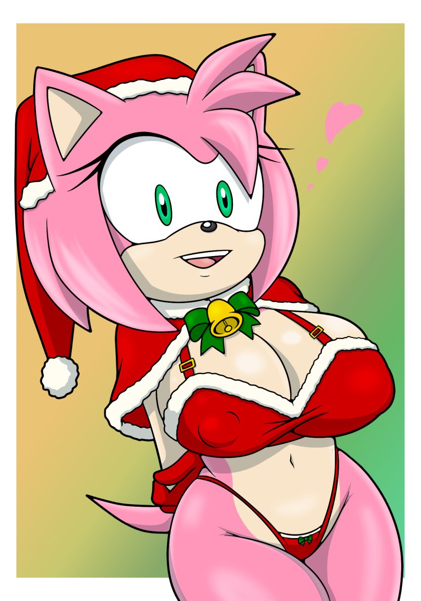 amy_rose anthro big_breasts bra breasts christmas christmas_clothing christmas_headwear clothed clothing digital_media_(artwork) eulipotyphlan female fur gloves green_eyes hair handwear hat headgear headwear hedgehog hi_res holidays mammal navel nipple_outline open_mouth panties pink_body santa_hat sega simple_background smile solo sonic_(series) sonic_the_hedgehog_(series) sonicguru standing tail teeth underwear