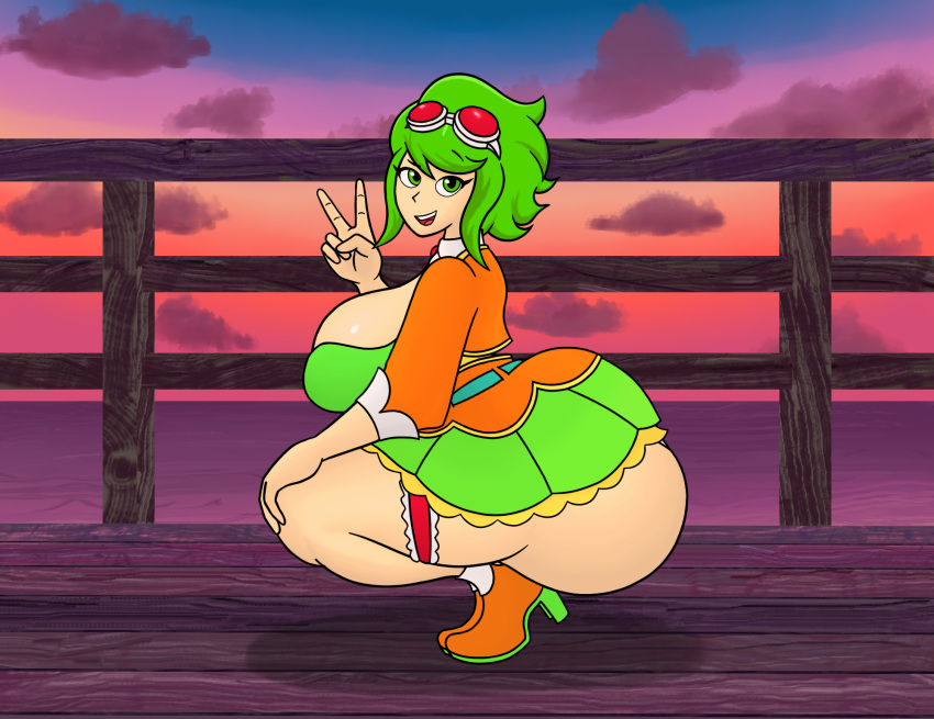 1female 1girls 20xxtrilogy 2d 2d_(artwork) 2d_artwork ass beach_background big_ass big_breasts big_butt boots breast butt confident_smile curvy curvy_ass curvy_body curvy_figure deck female_focus female_only goggles goggles_on_head green_eyes green_hair gumi heel_boots jacket leg_bracelet looking_at_viewer megpoid megpoid_gumi peace_sign skirt solo_female sunset vocaloid