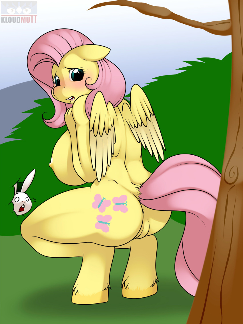 2013 angel_(mlp) anthro anthrofied being_watched blush breasts cutie_mark duo equine feathered_wings feathers female fetlocks fluttershy_(mlp) friendship_is_magic hair hi_res kloudmutt lagomorph mammal my_little_pony outside pegasus pink_hair rabbit straight_hair wings yellow_feathers