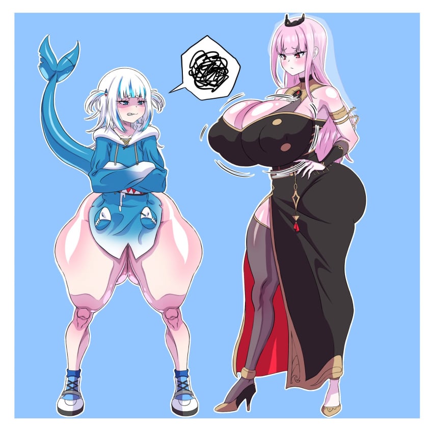 2girls annoyed_expression arms_crossed ass_visible_through_thighs big_breasts black_dress blue_eyes blush bottom_heavy bottomless breasts_bigger_than_head de_kurayami flat_chest fully_clothed gawr_gura high_heels hololive hololive_english hololive_myth hoodie huge_breasts long_hair mori_calliope pink_hair red_eyes shark_tail shortstack tagme thick_thighs tiara virtual_youtuber vtuber white_hair wide_hips