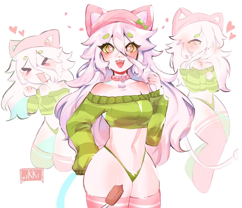 1girls 4_fingers anthro artist_signature belly_button big_thighs blush blush_lines bottomless cat_ears cat_ears_hairband cat_tail cattail_(chikomokii) cattail_(pvz) claws collar domestic_cat excited excited_expression excited_female eyebrows eyebrows_raised fangs feline feline female female_only fish fur furry furry_female girl gray_background green_claws green_eyebrows green_hoodie green_nails happy happy_female heart-shaped_pupils heart_symbol hoodie legs_together legwear long_hair long_socks looking_at_viewer medium_breasts no_bra no_genitals no_panties no_pussy open_mouth paws pink_collar pink_eyes pink_legwear pink_socks plant_girl plant_humanoid plantie plants_vs_zombies shaded shiny_clothes shiny_skin small_breasts small_waist smiling stockings strawberry sweatdrop sweating tail thick_thighs thighs_together voluptuous voluptuous_female white_body white_fur white_hair yellow_sclera