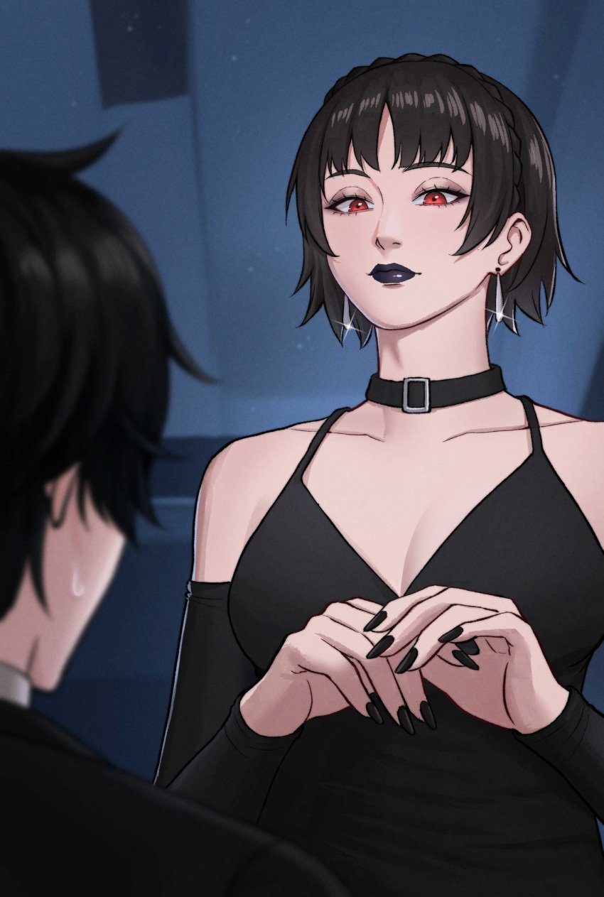 black_lips dark_dress dark_lips dress earrings goth goth_girl makoto_niijima matsuo95 persona persona_5 short_hair tomboy wholesome