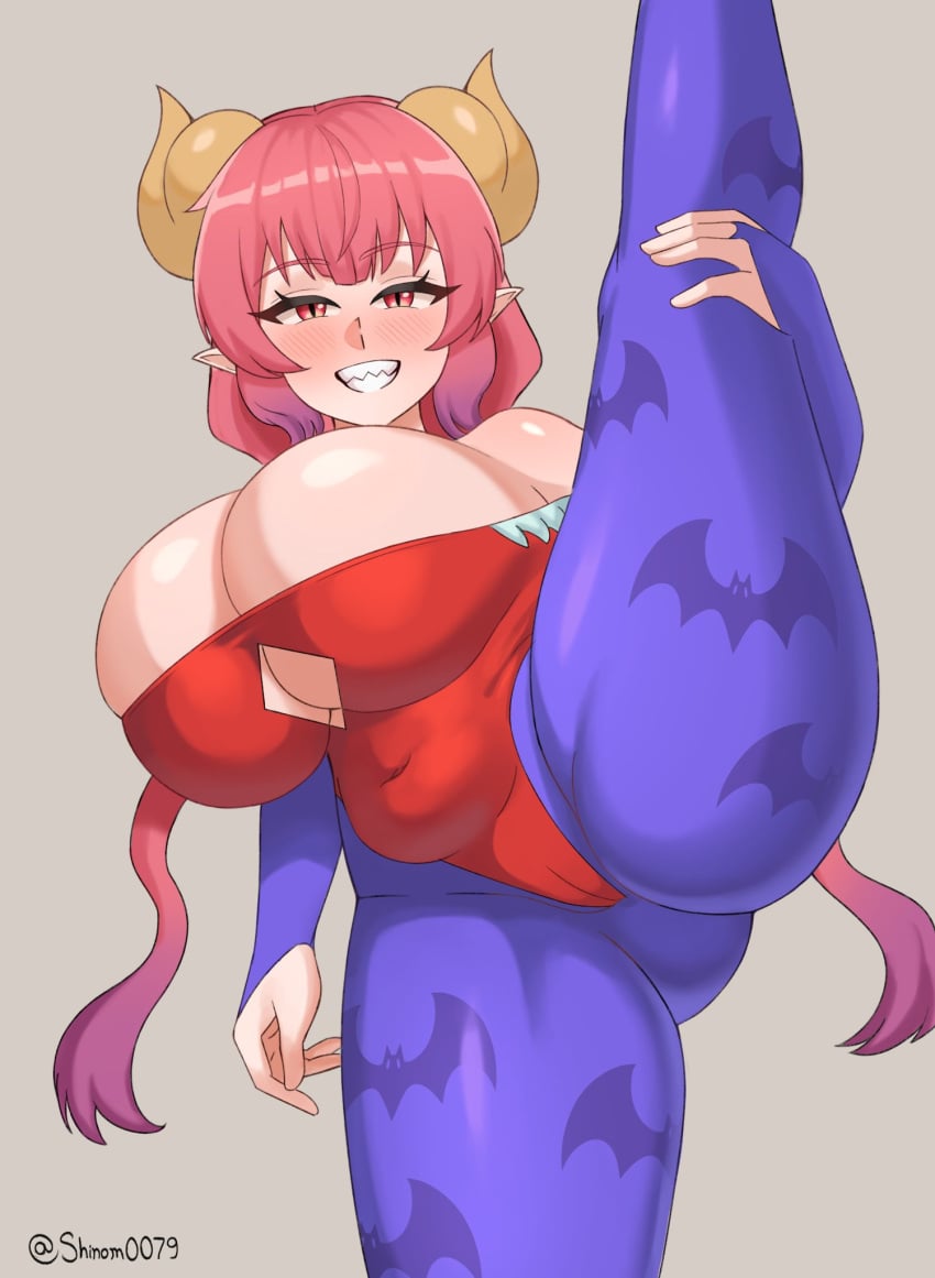 1girls alternate_version_available armwear ass_visible_through_thighs big_breasts blush breasts capcom cleavage cosplay darkstalkers female female_only hair horns huge_breasts ilulu_(dragon_maid) leg_grab leg_lift leg_up leggings leotard lilith_aensland_(cosplay) miss_kobayashi's_dragon_maid one_leg_raised one_leg_up pointy_ears raised_leg red_eyes red_hair red_leotard shinom shortstack smile solo solo_female