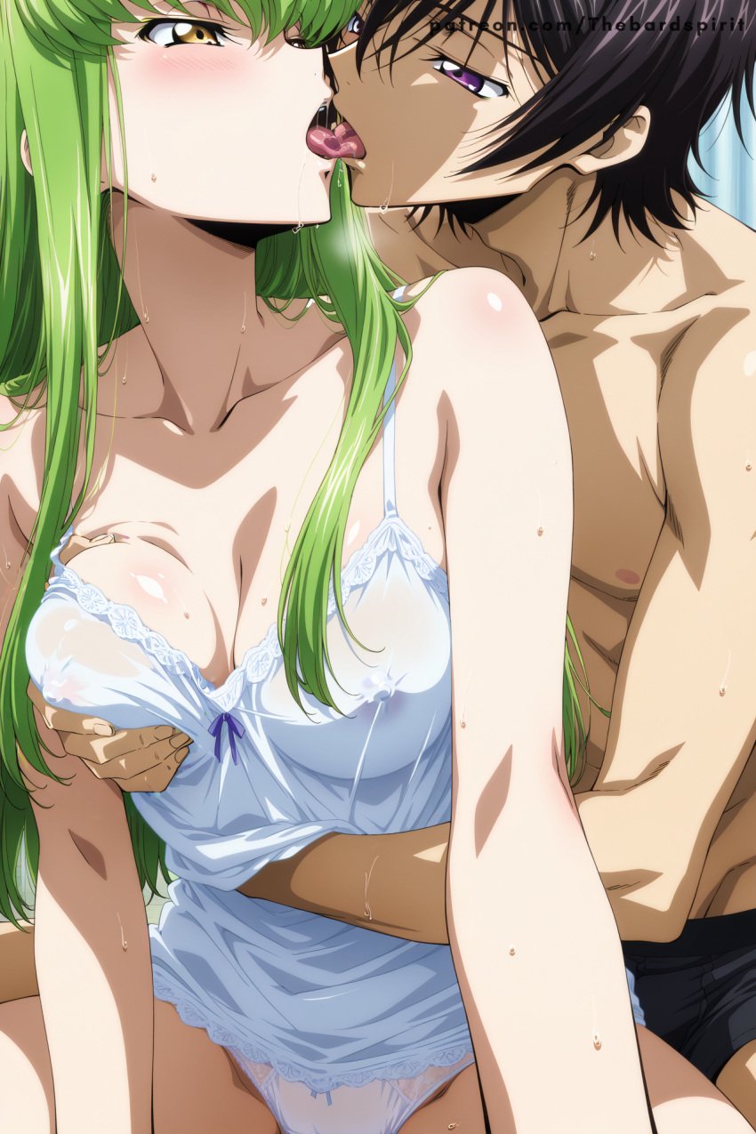 ai_generated c.c. cameltoe code_geass completely_nude covered_nipples french_kiss grabbing_another's_breast grabbing_from_behind groping lelouch_lamperouge panties pussy_juice see-through uncensored