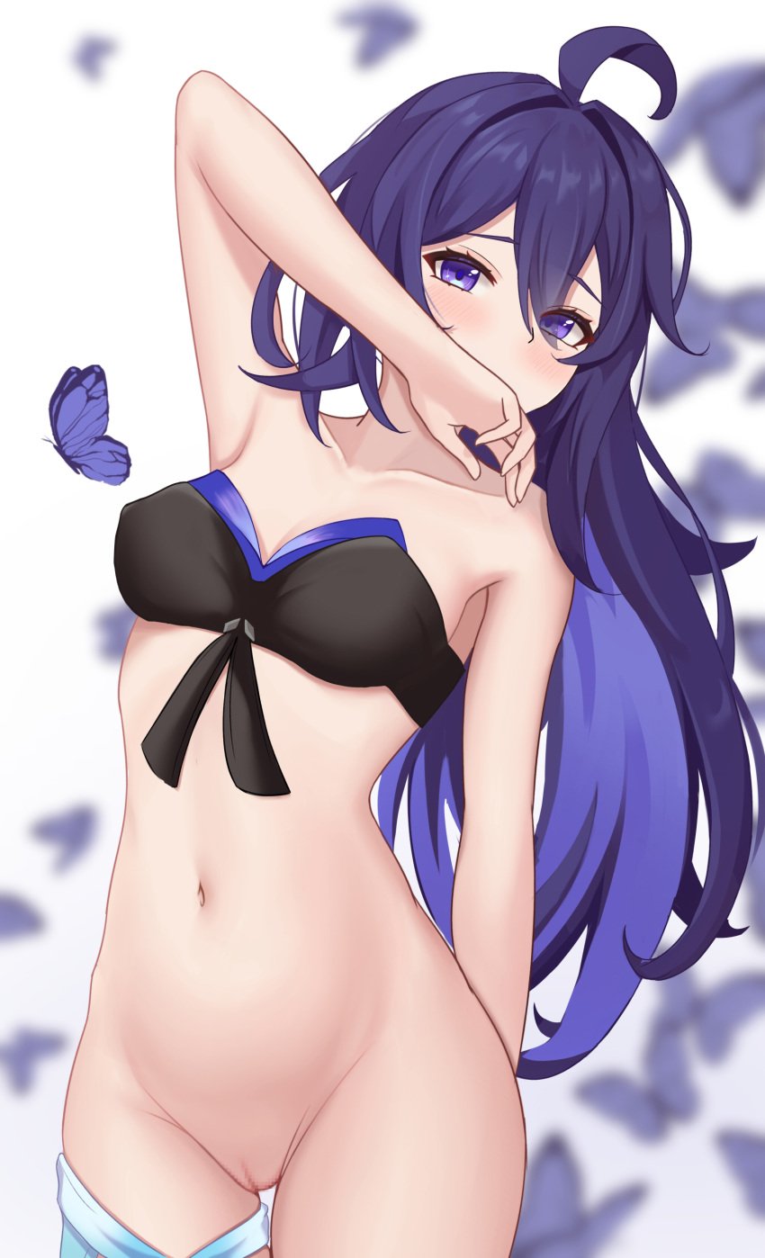 absurdres ahoge arm_behind_back arm_up black_bra blue_ribbon blurry blurry_background blush bra breasts bug butterfly censored collarbone commentary covering_own_mouth cowboy_shot female hair_between_eyes highres honkai:_star_rail honkai_(series) large_variant_set leg_ribbon long_hair looking_at_viewer medium_breasts mosaic_censoring navel purple_butterfly purple_eyes purple_hair pussy reign_(riyomii) ribbon seele_(honkai:_star_rail) simple_background solo stomach thigh_ribbon underwear variant_set white_background