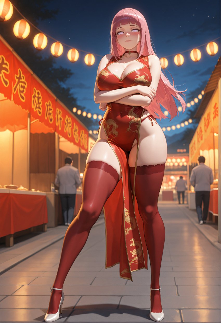 ai_generated belly belly_button big_ass big_breasts chinese_clothes chinese_dress clothing curvy curvy_figure festival high_heels hyuuga_hinata large_hair naruto naruto_(series) naruto_shippuden outdoors outside panties pink_hair posing red_clothing seductive seductive_eyes seductive_look seductive_smile thick_thighs twintails wide_hips