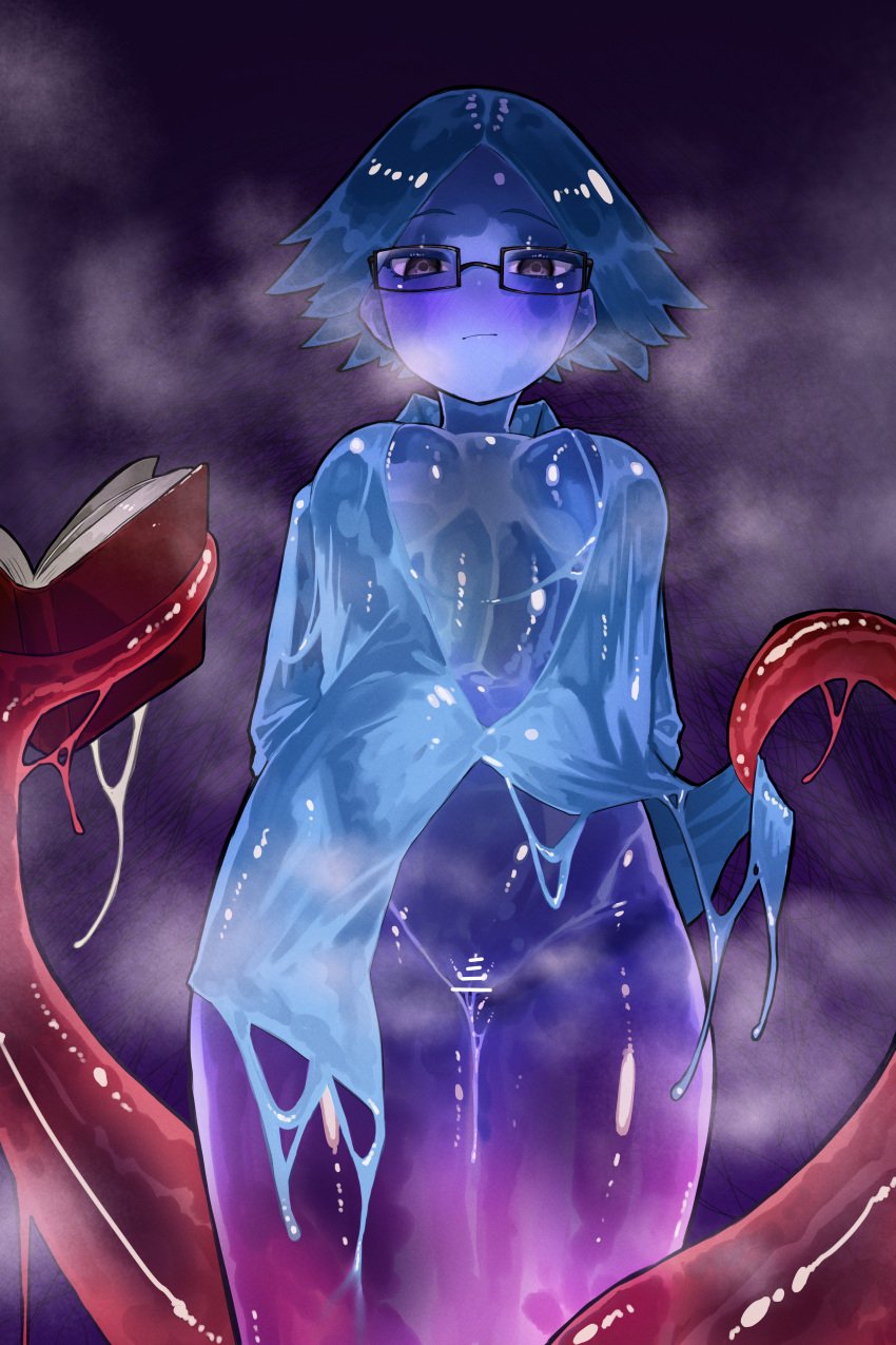 absurdres bar_censor black_eyes blue_hair blue_shirt blue_skin book bottomless breasts censored colored_skin commission cowboy_shot ekrea_jan female glasses highres holding holding_book looking_at_viewer medium_breasts monster_girl original purple_background pussy shirt short_hair skeb_commission slime_girl solo steam tentacle