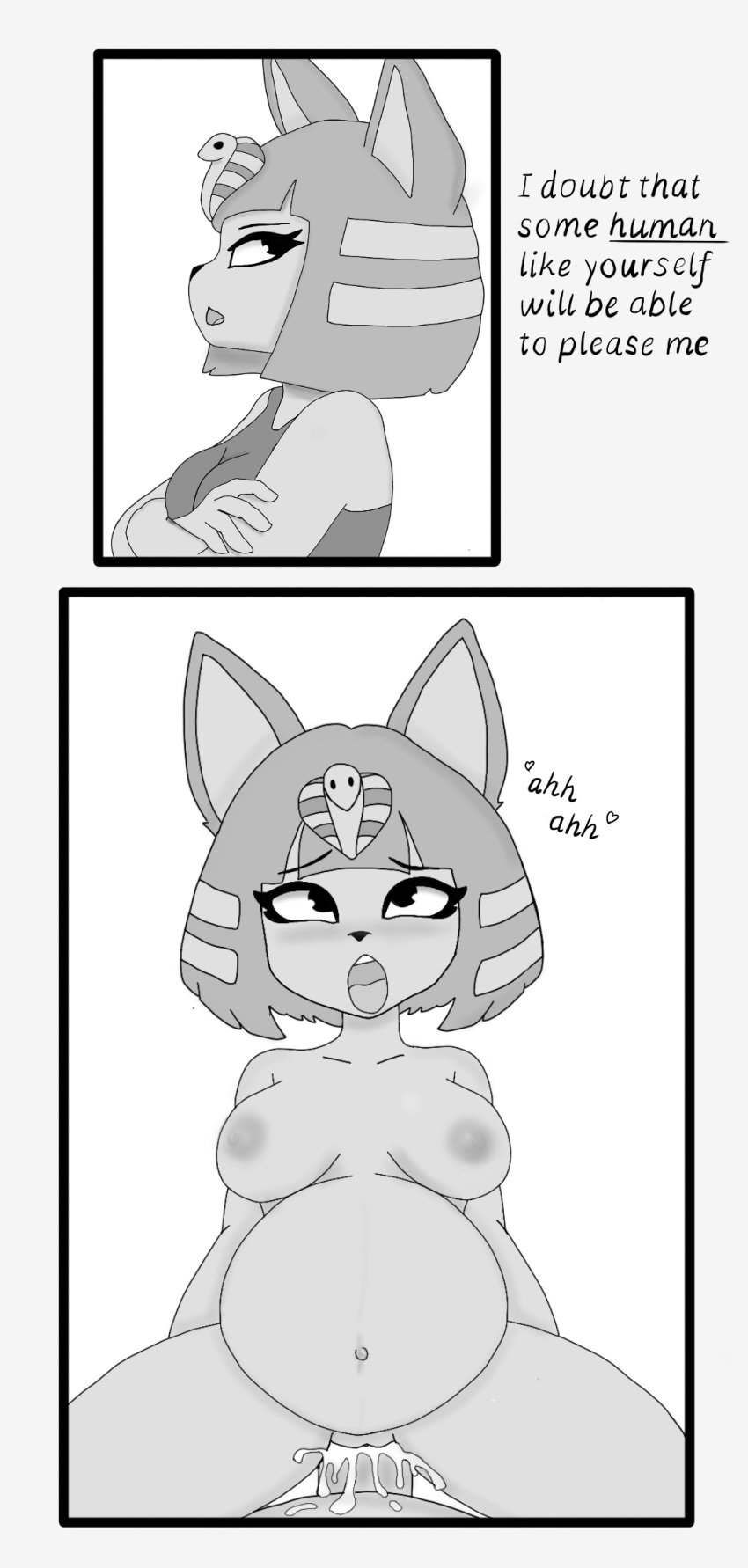 animal_crossing ankha_(animal_crossing) anthro belly blush bodily_fluids breasts clothing cowgirl_position crossed_arms cum cum_inside dialogue domestic_cat duo ejaculation felid feline felis female from_front_position genital_fluids genitals hair hi_res imprettynormai inflation inflation male male/female mammal moan monochrome navel nintendo nipples on_bottom on_top orgasm orgasm_face penetration penis pussy sex side_eye simple_background text tongue tongue_out vaginal_penetration vaginal_penetration white_background