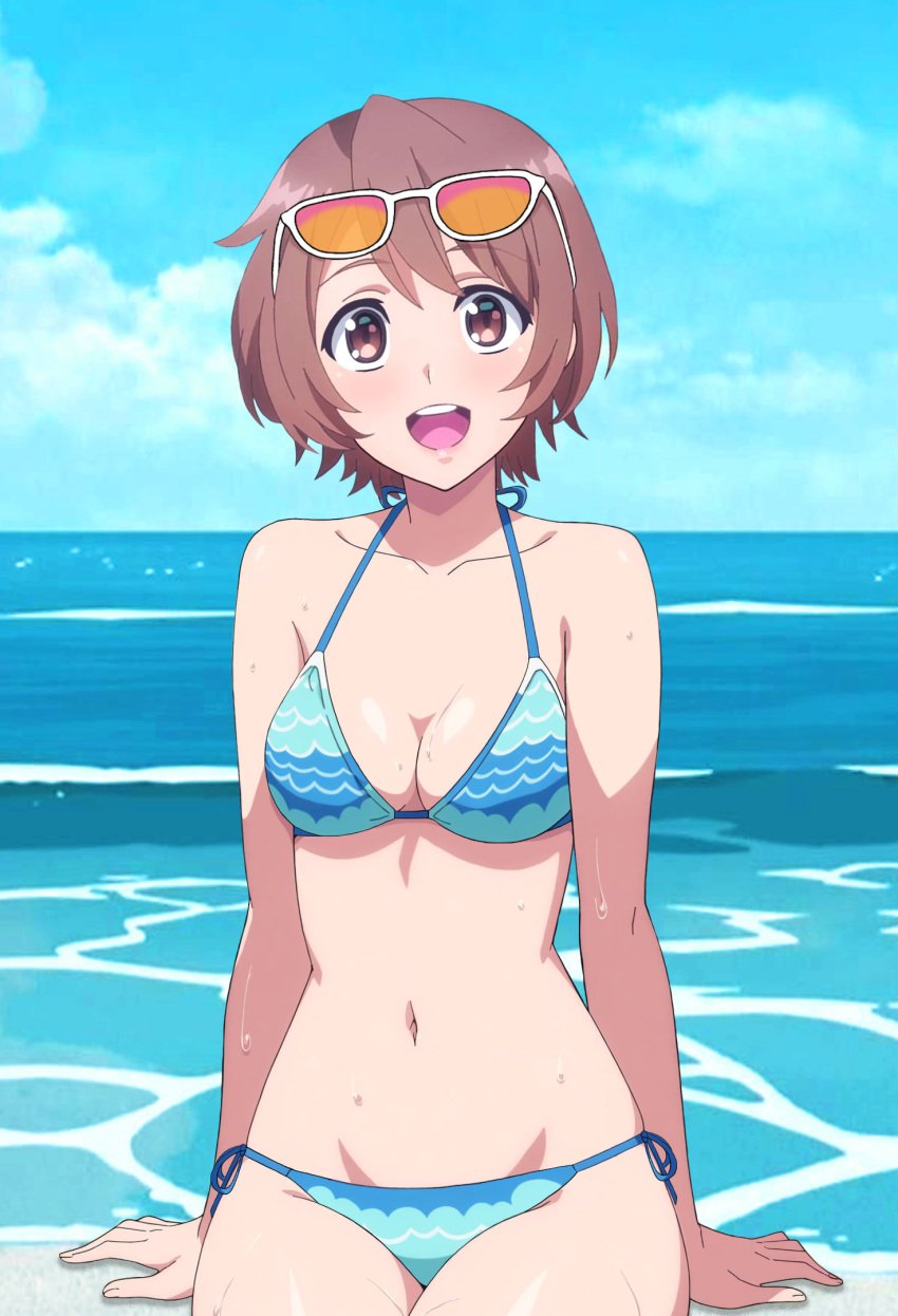 1girls ai_generated bare_legs bare_shoulders beach blue_bikini brown_hair cleavage collarbone looking_at_viewer mai_konoike medium_breasts short_hair sitting smile string_bikini sunglasses sunglasses_on_head