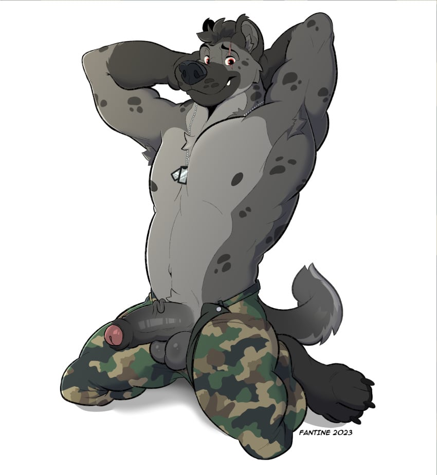 abs anthro armpit_hair arms_behind army army_outfit army_uniform balls barefoot biceps body_hair bottomwear camo camo_bottomwear camo_clothing camo_pants camo_print clothed clothing dog_tags erection eye_scar facial_scar fantine feet foreskin fur genitals grey_body grey_fur hands_behind_head hi_res humanoid_genitalia humanoid_penis hyena looking_at_viewer male mammal manly markings military military_clothing military_pants military_uniform muscular muscular_anthro muscular_male nipples open_bottomwear open_clothing open_pants pants pattern_bottomwear pattern_clothing pattern_pants pecs penis pose red_eyes scar seductive simple_background soldier soldier_uniform solo spots spotted_body spotted_fur spotted_hyena spread_legs spreading tail thick_arms topless topless_anthro topless_male uniform unzipped unzipped_pants warrior white_background zipper