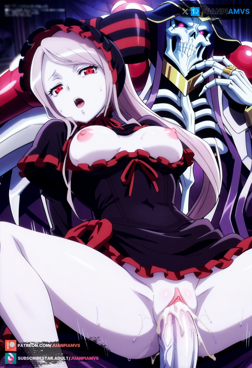 ai_generated ainz_ooal_gown female from_behind juanpiamvs long_hair medium_breasts open_clothes open_legs open_mouth overlord_(maruyama) patreon patreon_username penetration ponytail red_eyes reverse_cowgirl_position sex shalltear_bloodfallen silver_hair subscribestar subscribestar_username watermark