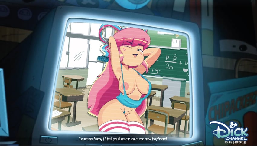 2024 arms_behind_head arms_up black_eyes bow_in_hair breasts classroom cleavage disney disney_channel female female_only giffany gosgoz gravity_falls nipples one_eye_closed pink_hair television television_screen thighhighs thighs