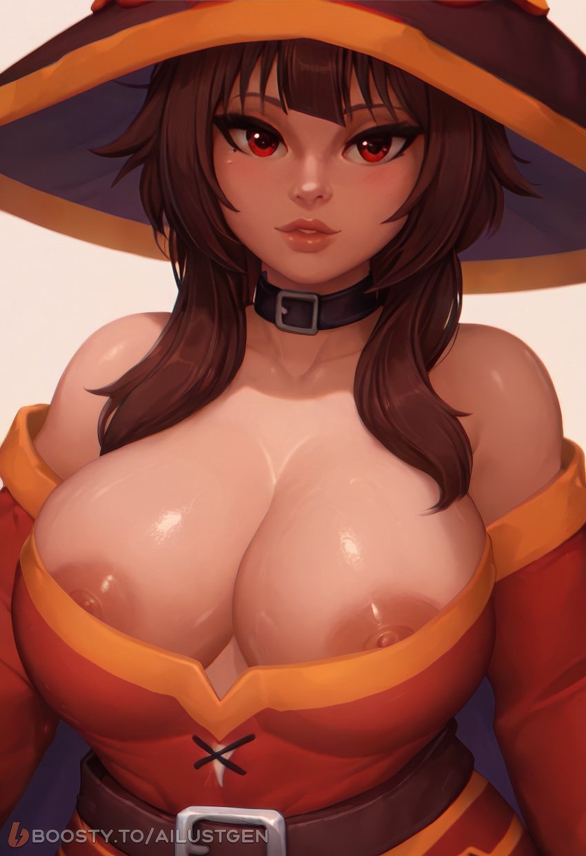 ai_generated ailustgen areola areola_slip areolae belt big_breasts boosty_logo boosty_username breasts brown_hair choker clothed dress female female female_only hi_res high_resolution highres huge_breasts kono_subarashii_sekai_ni_shukufuku_wo! konosuba looking_at_viewer megumin nipples nipples_out portrait red_dress red_eyes simple_background smile solo solo_focus white_background witch witch_costume witch_hat