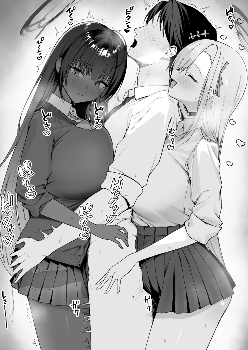 1boy 2girls absurdres asuna_(blue_archive) asuna_(school_uniform)_(blue_archive) blue_archive blush bow bowtie breast_press breasts cardigan choker closed_eyes collared_shirt commentary_request dark-skinned_female dark_skin drooling faceless faceless_male ffm_threesome greyscale group_sex hair_between_eyes hair_over_one_eye hair_ribbon halo heart highres holding_another's_waist huge_breasts karin_(blue_archive) karin_(school_uniform)_(blue_archive) long_hair monochrome motion_lines multiple_girls necktie official_alternate_costume open_mouth penis pleated_skirt ribbon rikoping2000 school_uniform see-through_body sensei_(blue_archive) shirt shirt_tucked_in skirt sleeves_rolled_up smile steaming_body straight sweat thigh_sex thighs threesome very_long_hair