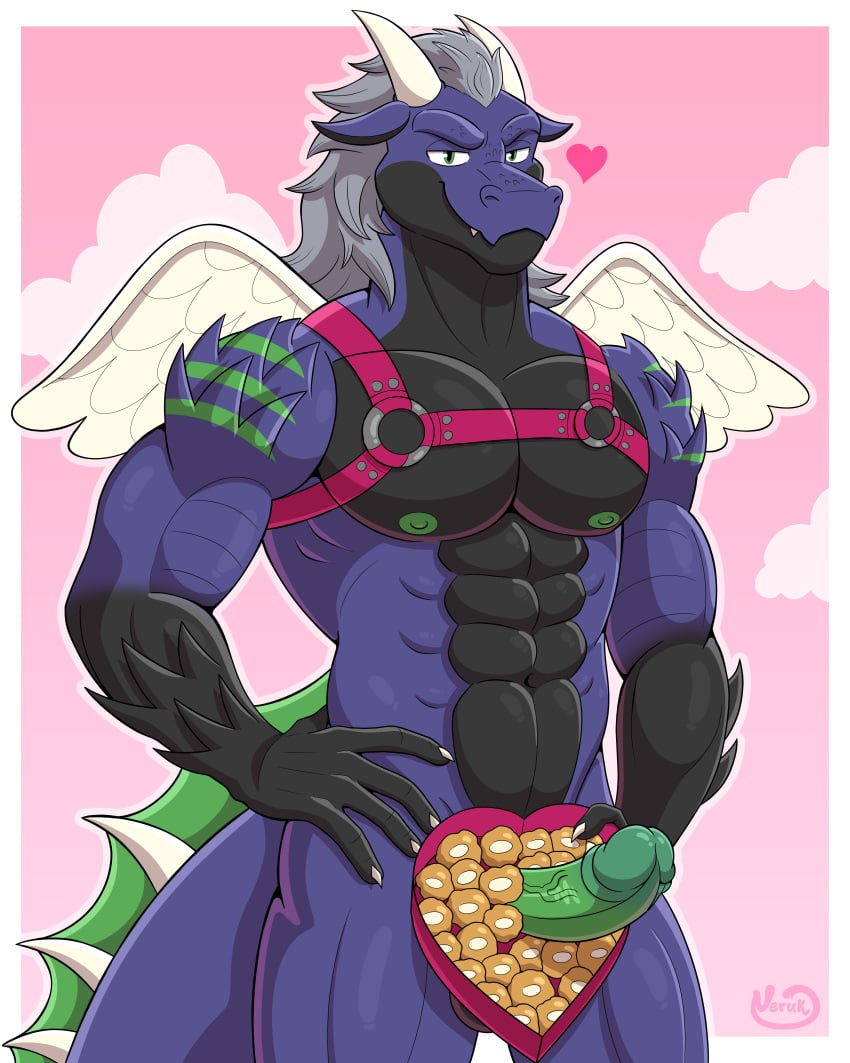 abs absurd_res anthro ass balls bedroom_eyes biceps big_muscles big_penis black_body blue_body box_of_chocolates candy chocolate cupid dessert dragon erection feathered_wings feathers food genitals green_body half-length_portrait hand_on_hip harness harness_only heart_symbol hi_res holidays looking_at_viewer male mischievous mischievous_smile multicolored_body muscular muscular_anthro muscular_male mythological_creature mythological_scalie mythology narrowed_eyes neruk outline peeking_penis penis pink_background portrait scales scalie seductive simple_background solo spikes spikes_(anatomy) standing tail triceps valentine's_day vein veiny_penis white_outline wings