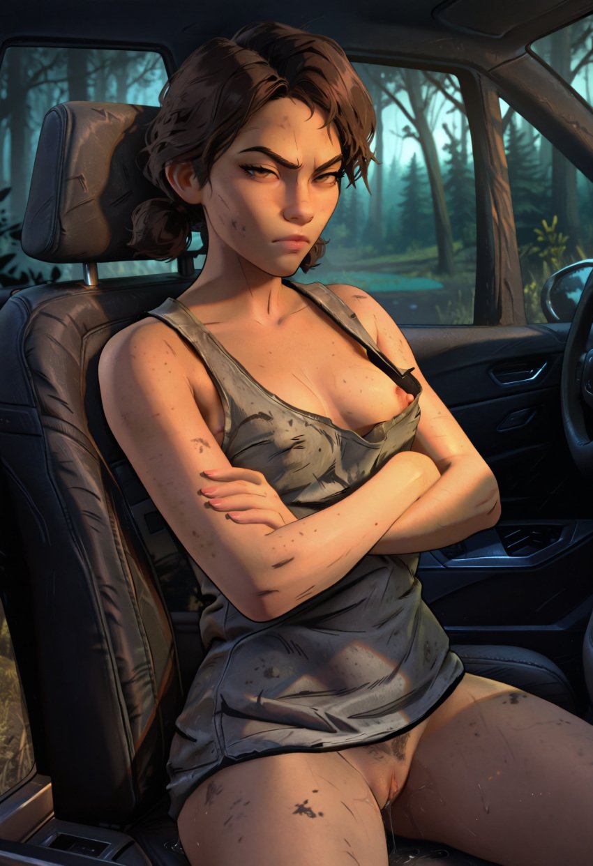 1girls ai_generated angry angry_face areola arms_crossed arms_crossed_under_breasts bottomless breasts breasts_out brown_eyes brown_hair car civitai clementine_(the_walking_dead) clitoral_hood clitoris clothing dirty dirty_clothing erect_nipples female female female_focus female_only forest in_car light-skinned_female light_skin looking_at_viewer nipple_slip nipples pipabc pout pouting pubes pubic_hair pussy short_hair small_breasts tank_top the_walking_dead the_walking_dead_game thick_thighs thighs twintails vagina