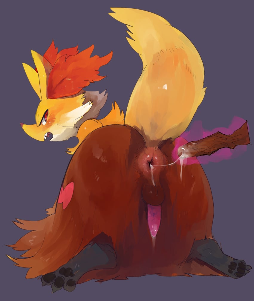 all_fours anus ass backsack balls blush canine cum cum_in_ass cum_inside cum_leaking cum_string delphox digitigrade dripping erection femboy fox frown hi_res improvised_dildo improvised_sex_toy leaking liteu looking_back male male_only mammal nintendo pawpads penis perineum pokemon precum puffy_anus raised_tail semi-anthro simple_background solo tapering_penis video_games