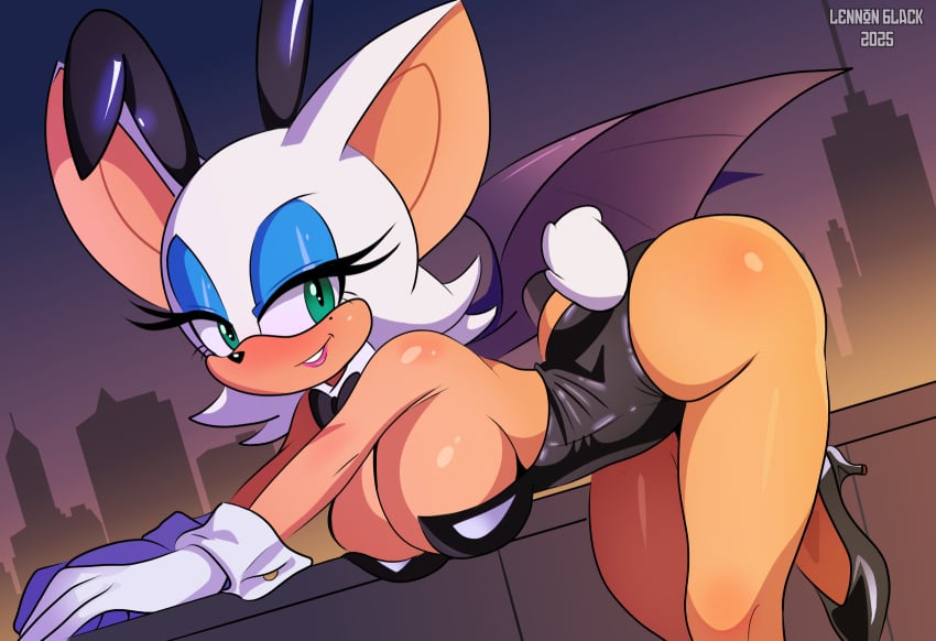 anthro ass bat big_breasts bow_tie breasts bunny_costume bunnysuit_rouge_(trend) city cityscape cleavage clothed clothing costume fake_ears fake_rabbit_ears female footwear hi_res high_heels leaning leaning_forward lennonblack looking_at_viewer mammal membrane_(anatomy) membranous_wings rouge_the_bat sega shoes solo sonic_(series) sonic_the_hedgehog_(series) wings