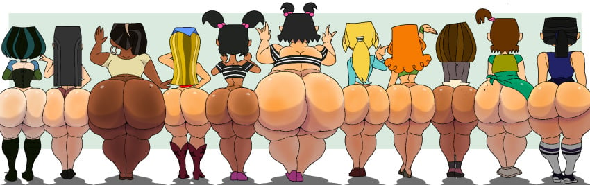 11girls ass ass_chart ass_comparison ass_focus beth_(tdi) blonde_hair boots bottomless bridgette_(tdi) brown_skin brown_skinned_female bubble_butt chocolate_and_vanilla courtney_(tdi) curvy_figure dark-skinned_female dark_skin earrings eva_(tdi) fat_ass female_only freckles full_body furu_flami goth_girl gwen_(tdi) heather_(tdi) hourglass_figure huge_ass izzy_(tdi) katie_(tdi) leshawna_(tdi) light-skinned_female light_skin lindsay_(tdi) long_hair mostly_clothed muscular_female nerdy_female orange_hair overweight pale-skinned_female pale_skin ponytail rear_view sadie_(tdi) simple_background size_difference thick_thighs total_drama_(series) total_drama_island wide_hips