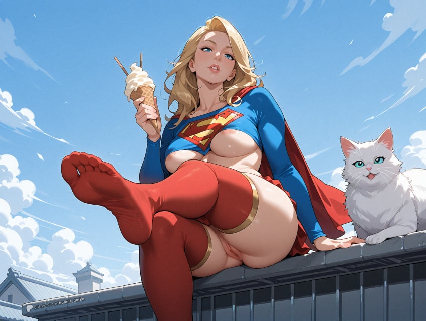 2d ai_assisted ai_generated animal art blonde_hair blue_eyes bonnie_darko cape dc_comics feline female from_below ice_cream kara_zor-el looking_at_viewer medium_breasts medium_hair no_panties pussy pussy_exposed rooftop self_upload sitting sitting_on_roof skirt skirt_lift skirt_up supergirl superhero superhero_costume thighhighs topwear underboob underskirt