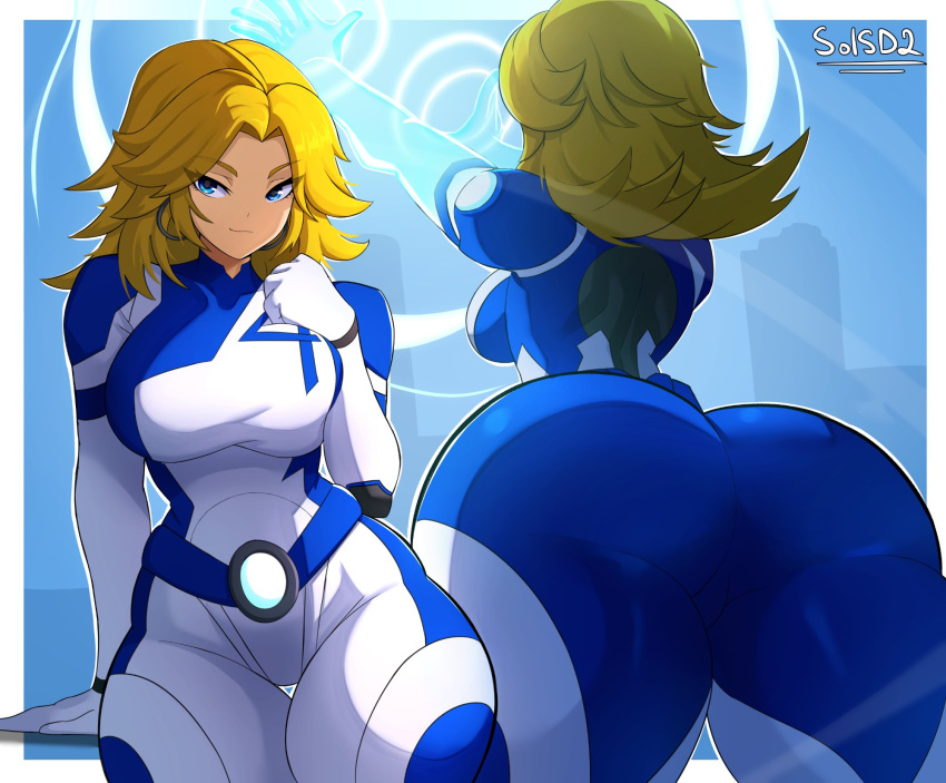 1girls 2d absurdres ass ass_focus athletic athletic_female belt big_ass big_breasts big_thighs blonde_hair blue_eyes blush bodysuit breasts dat_ass different_ass_sizes earrings fantastic_four female female_focus female_only gigantic_ass gigantic_thighs highres hoop_earrings huge_ass huge_thighs invisible_woman invisible_woman_(marvel_rivals) jewelry large_breasts long_hair looking_at_viewer low-angle_view marvel marvel_comics marvel_rivals milf skintight sol-sama_d2 solo sue_richards sue_storm superhero_costume superheroine tagme thick_hips thick_thighs thighs viewed_from_below