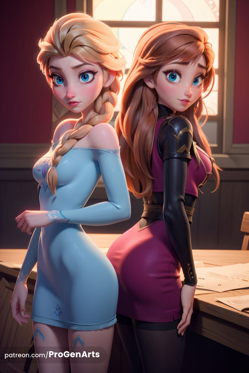 2girls ai_generated anna_(frozen) artist_name ass back-to-back bare_shoulders blonde_hair blue_dress blue_eyes braid breasts brown_hair disney disney_princess dress elsa_(frozen) freckles frozen frozen_(film) frozen_2 hair_over_shoulder hi_res lips long_hair long_sleeves looking_at_viewer medium_breasts multiple_girls pantyhose patreon_username progenarts siblings single_braid sisters smile watermark window