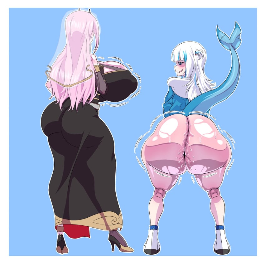 2girls arms_crossed ass ass_bigger_than_head big_ass big_breasts black_dress blue_eyes blush bottom_heavy bottomless breasts_bigger_than_head colossal_ass de_kurayami flat_chest fully_clothed gawr_gura high_heels hololive hololive_english hololive_myth hoodie huge_ass huge_breasts long_hair looking_at_viewer lustful_gaze mori_calliope pink_hair red_eyes shark_tail shortstack swamp_ass sweaty_ass sweaty_butt tagme thick_thighs tiara virtual_youtuber vtuber white_hair wide_hips