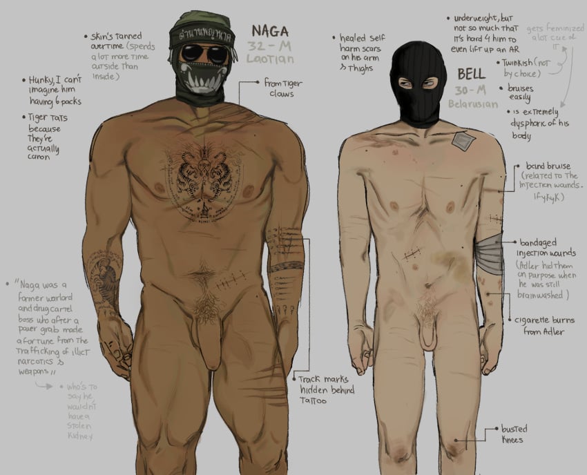 2boys arm_tattoo balaclava bandaged_arm bandages bandana bell_(call_of_duty) bell_(cod) black_bandana black_mask call_of_duty call_of_duty:_black_ops_cold_war chest_tattoo completely_nude doggyhouse flaccid highres male male_focus male_only male_pubic_hair mask mask_on_head multiple_boys multiple_scars muscular muscular_male naga_(call_of_duty) naga_(cod) nipples nude penis pubic_hair scar scar_on_leg scar_on_shoulder scar_on_stomach simple_background sunglasses tattoo waxxeddoghouse