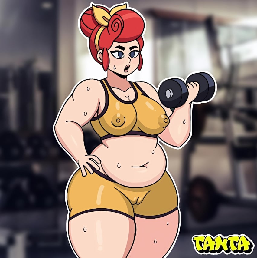 1girls artist_name bare_belly belly big_breasts brawl_stars cameltoe chubby chubby_female curvy_figure dumbbell female female_only gym hairband huge_breasts light-skinned_female light_skin milf navel nipples_visible_through_clothing pam_(brawl_stars) pussy_visible_through_clothes red_hair see-through_clothes solo sports_bra sports_shorts sportswear standing sweat sweaty tanta_bs thick_thighs tied_hair tight_clothes tummy wet workout workout_clothes