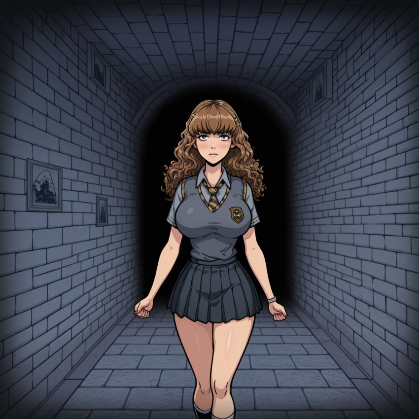 ai_generated akabur_style breasts breasts brown_hair curly_hair echodantalian hermione_granger miniskirt school school_uniform schoolgirl skirt story story_in_picture uniform witch_trainer