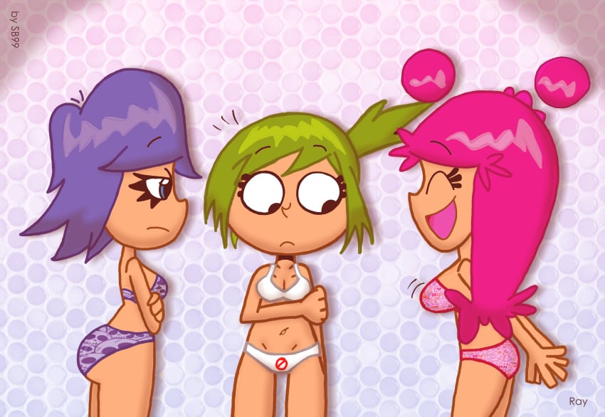 3girls ami_onuki background bikini blue_eyes cartoon_network closed_eyes color_background female female_only green_hair happy happy_female hi_hi_puffy_amiyumi julie_hinikawa pink_bikini pink_hair png purple_bikini purple_hair sb99 scobionicle99 serious serious_face surprised surprised_face warner_brothers white_bikini yumi_yoshimura