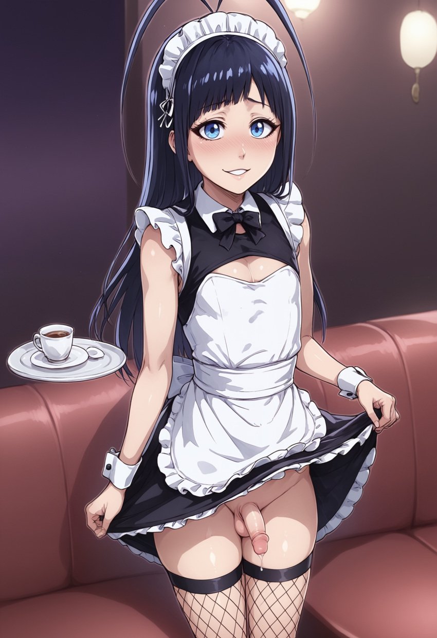 ai_generated black_hair bleach erection exposed_penis femboy femboy_only feminine_male feminization giselle_gewelle kikia1 long_hair maid maid_apron maid_cafe maid_outfit maid_uniform male otoko_no_ko penis small_breasts tagme tagme_(artist) yaoi