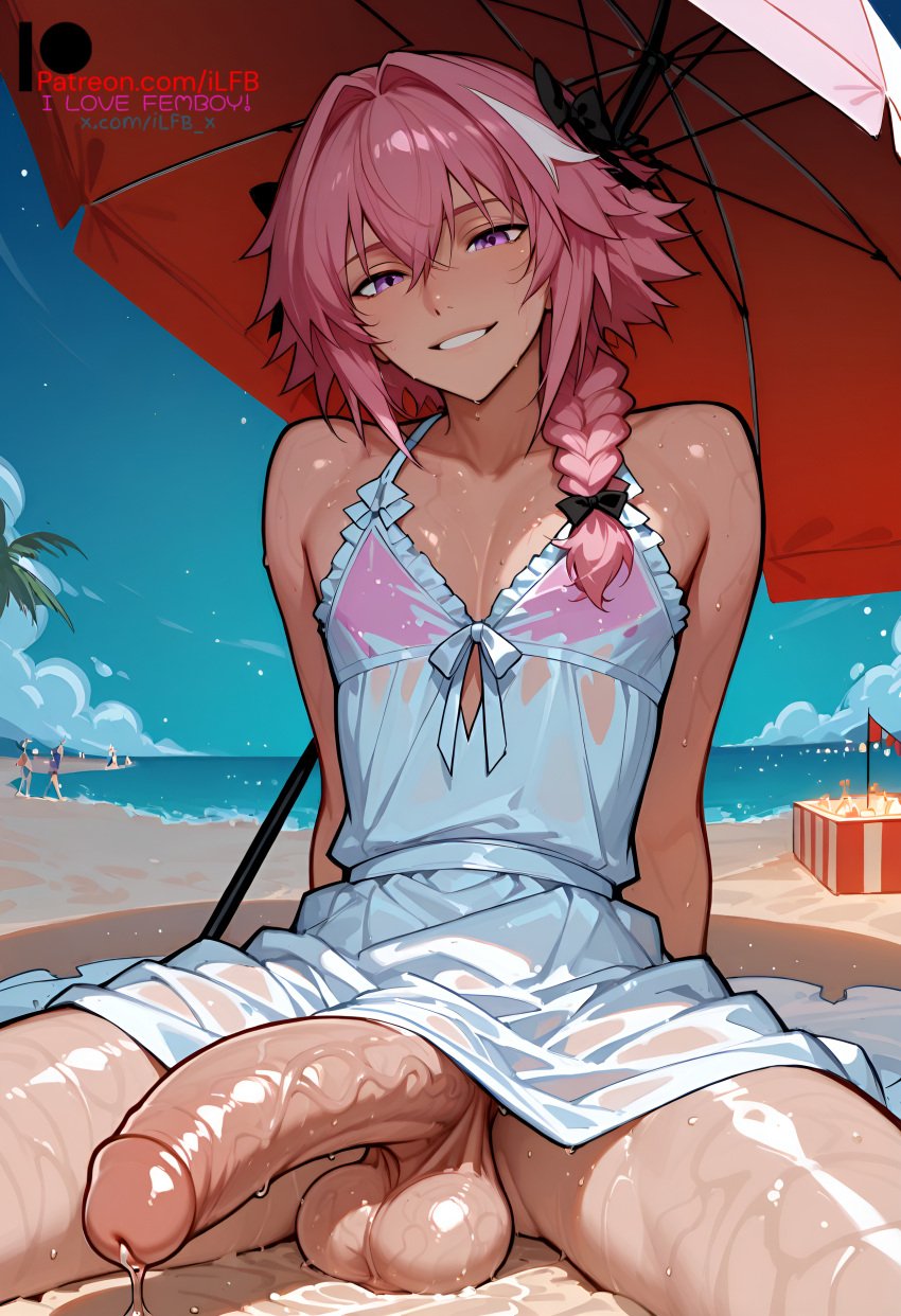 1boy 2025 2d ai_generated astolfo_(fate) balls beach beach_towel beach_umbrella boy cock dick exibitionism fate_(series) femboy flat_chest hi_res high_resolution highres huge_cock huge_cock huge_cock ilfb looking_at_penis looking_down male male_only penis pink_eyes pink_hair ponytail precum public public_exposure public_indecency public_masturbation public_nudity public_use self_upload testicles trap uncensored