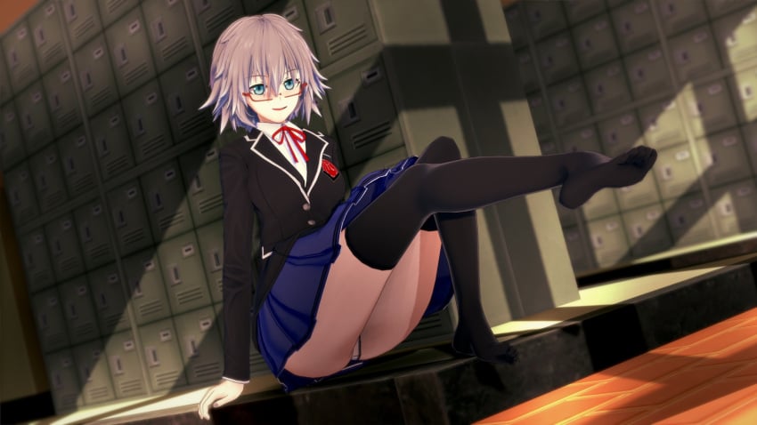 3d 3d_(artwork) ass blue_eyes breasts date_a_live feet feet_up glasses honjou_nia koikatsu light-skinned_female medium_breasts panties school_uniform schoolgirl short_hair socks solo solo_female thighs white_hair