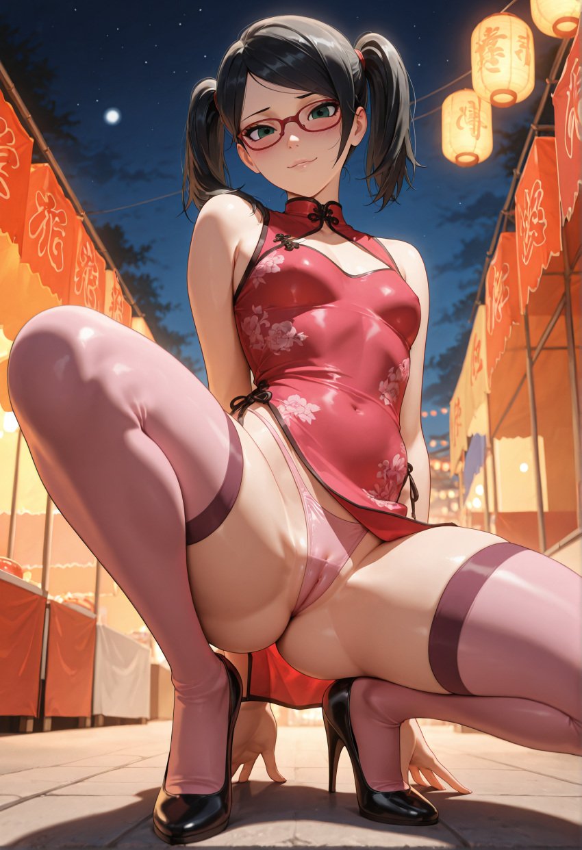 ai_generated boruto:_naruto_next_generations chinese_clothes chinese_dress festival glasses high_heels naruto naruto_(series) naruto_shippuden new_year outdoors outside panties pose posing sarada_uchiha seductive seductive_look seductive_smile squatting thick_thighs twintails